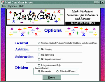 MathGen Options Screen