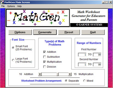 MathGen Main Screen