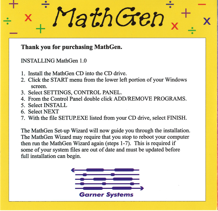 MathGen CD Inside Cover with Installation Instructions